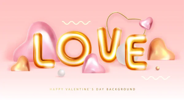 Happy Valentines Day Poster Mit Chromen Buchstaben Und Goldenen Liebesherzen — Stockvektor