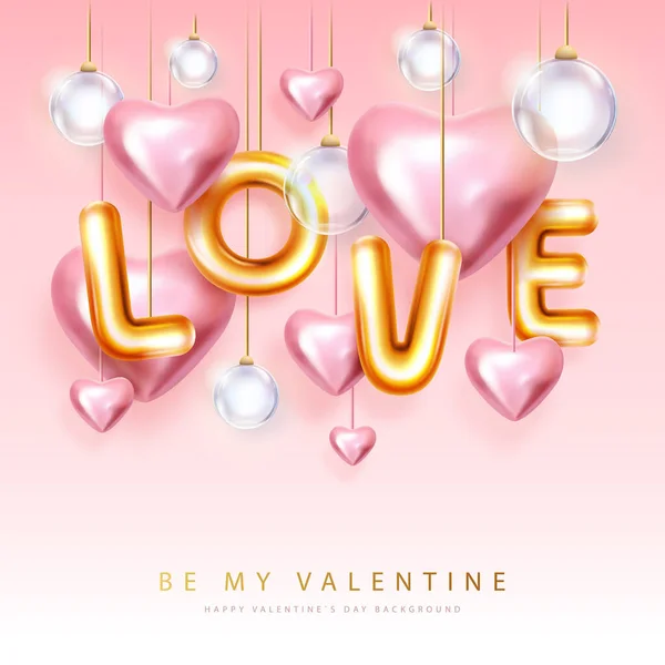Happy Valentines Day Poster Mit Chromen Buchstaben Und Rosa Liebesherzen — Stockvektor