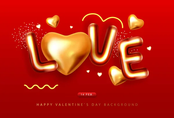 3D文字と金の愛の心を持つ幸せなバレンタインデーのポスター ホリデーグリーティングカード ベクターイラスト — ストックベクタ