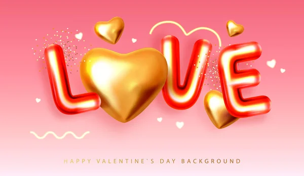 Happy Valentines Day Poster Letters Gold Love Hearts Holiday Greeting — Stock Vector