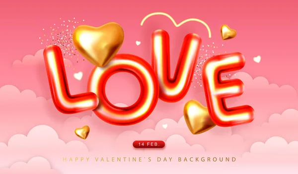 Happy Valentines Day Poster Letters Gold Love Hearts Sky Holiday — Stock Vector