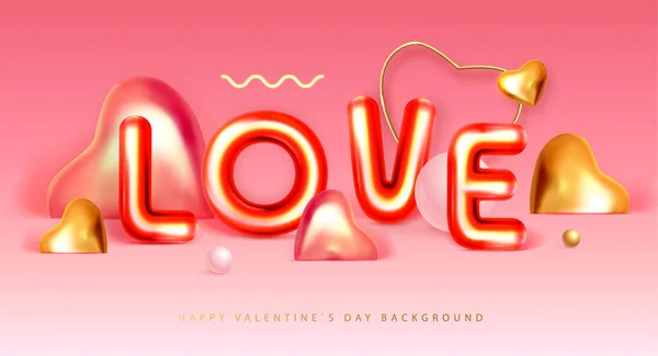 情人节快乐海报上有3D色字母和金发碧眼的爱心 节日贺卡 矢量说明 — 图库矢量图片
