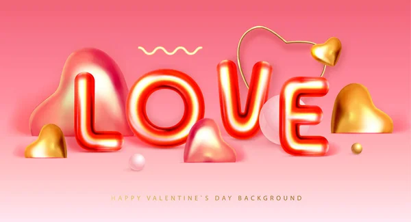 Happy Valentines Day Poster Chromic Letters Gold Love Hearts Holiday — Stock Vector