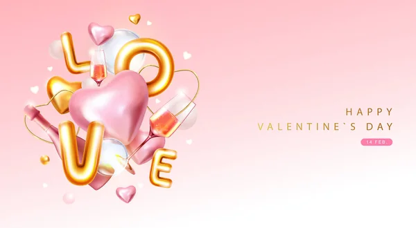 3D色の文字 愛の心とシャンパングラスとハッピーバレンタインデーのポスター ホリデーグリーティングカード ベクターイラスト — ストックベクタ