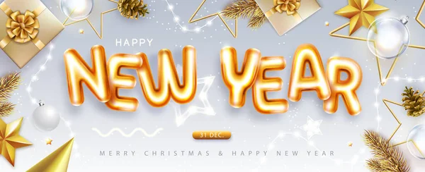 Cartaz Vista Superior Feliz Ano Novo Com Letras Cromáticas Decoração — Vetor de Stock