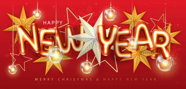 新年快乐海报与3D彩色信件 圣诞明星和电灯 节日贺卡 矢量说明 — 图库矢量图片