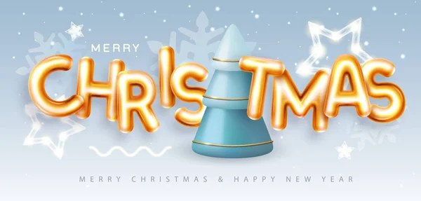 Frohe Weihnachten Weihnachtsposter Mit Chrombuchstaben Und Weihnachtsbaum Weihnachtsgrußkarte Vektorillustration — Stockvektor