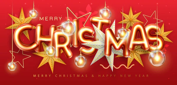 有3D彩色信件 圣诞星和电灯的圣诞快乐海报 节日贺卡 矢量说明 — 图库矢量图片