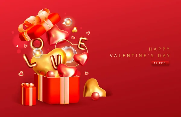 3Dピンクとゴールドの愛の心とギフトボックスとハッピーバレンタインデーのポスター バレンタイン休暇の背景 ベクターイラスト — ストックベクタ