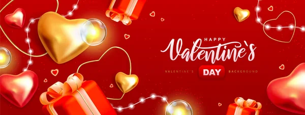 Happy Valentines Day Poster Mit Rosa Und Goldenen Liebesherzen Und — Stockvektor
