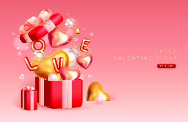3Dピンクとゴールドの愛の心とギフトボックスとハッピーバレンタインデーのポスター バレンタイン休暇の背景 ベクターイラスト — ストックベクタ