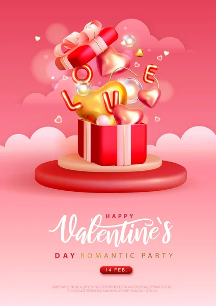 3D愛の心とギフトボックスとハッピーバレンタインデーのポスター バレンタイン休暇の背景 ベクターイラスト — ストックベクタ