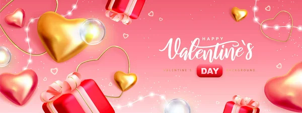 Happy Valentines Day Poster Mit Rosa Und Goldenen Liebesherzen Und — Stockvektor