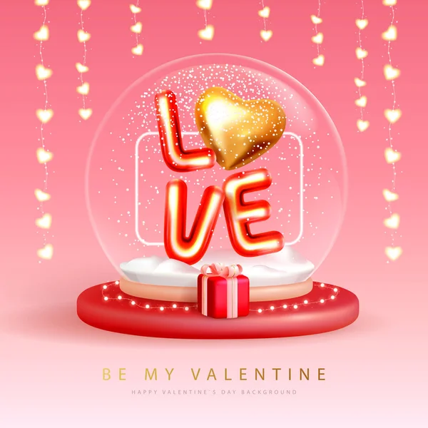 Happy Valentines Day Typography Poster Snow Globe Gift Box Love — Stock Vector