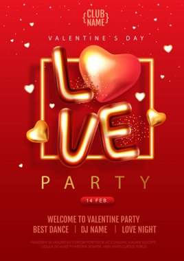 3D kromik harfli ve altın kalpli Sevgililer Günü posterin kutlu olsun. Tatil tebrik kartı. Vektör illüstrasyonu