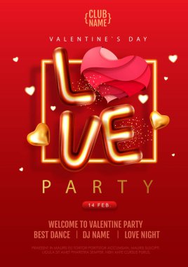 3D kromik harfli ve altın kalpli Sevgililer Günü posterin kutlu olsun. Tatil tebrik kartı. Vektör illüstrasyonu