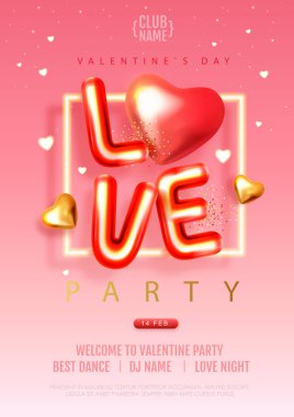 3D kromik harfli ve altın kalpli Sevgililer Günü posterin kutlu olsun. Tatil tebrik kartı. Vektör illüstrasyonu