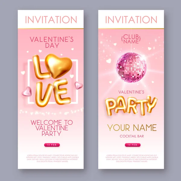 Happy Valentines Day Poster Chromic Letters Gold Love Hearts Disco — Vettoriale Stock