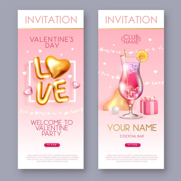 Happy Valentines Day Poster Chromic Letters Gold Love Hearts Cocktail — Vetor de Stock