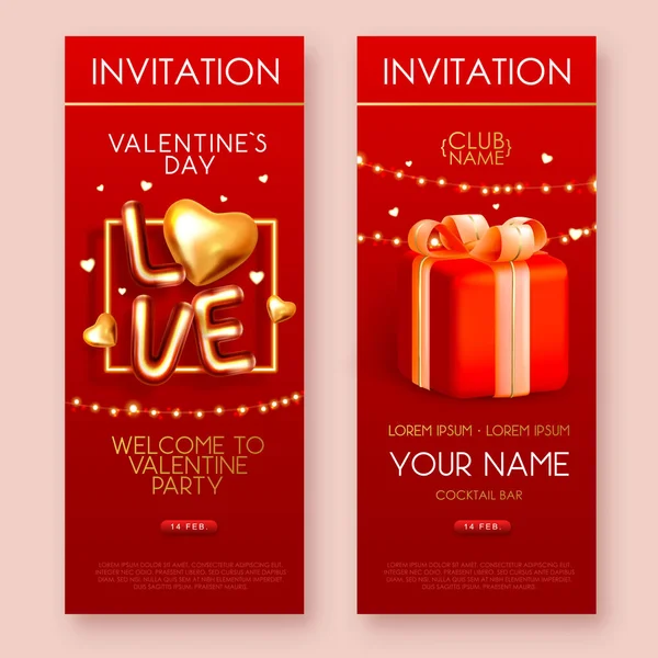 Happy Valentines Day Poster Chromic Letters Gold Love Hearts Gift — Vector de stock