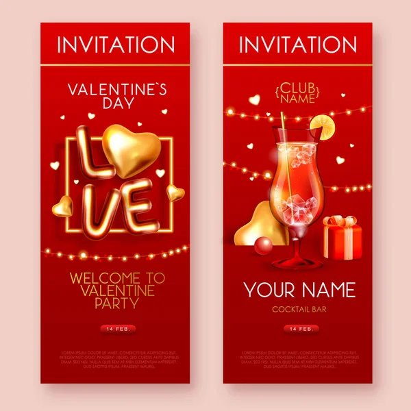 Happy Valentines Day Poster Chromic Letters Gold Love Hearts Cocktail — Vettoriale Stock