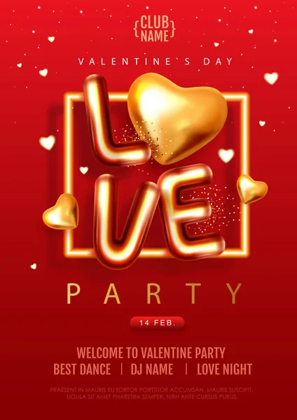 Šťastný Valentýn Plakát Chromovanými Písmeny Zlatými Láskyplnými Srdci Pozdrav Dovolenou — Stockový vektor