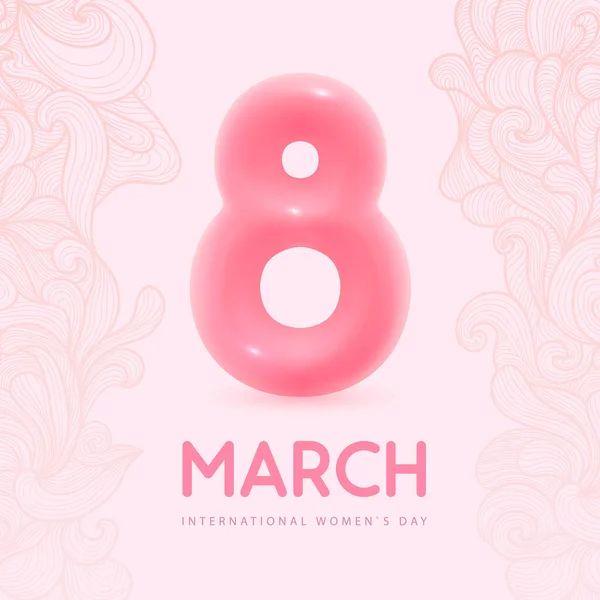国際幸せな女性の日の挨拶カード 現実的なピンクのプラスチック番号8と穏やかな装飾 3月8日 ベクターイラスト — ストックベクタ