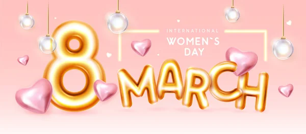 国際幸せな女性の日の挨拶カード 現実的な黄金の金属番号8 電気ランプと3Dの愛の心 3月8日 ベクターイラスト — ストックベクタ