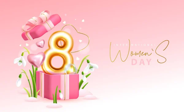 国際幸せな女性の日の挨拶カード 現実的な黄金の金属番号8 雪の花やギフトボックス 3月8日 ベクターイラスト — ストックベクタ