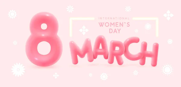 国際幸せな女性の日の挨拶カード 現実的なピンクのプラスチックナンバー8と春の花 3月8日 ベクターイラスト — ストックベクタ