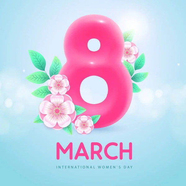 国际妇女日快乐贺卡 现实的粉色塑料8号 春花绿叶 3月8日矢量说明 — 图库矢量图片