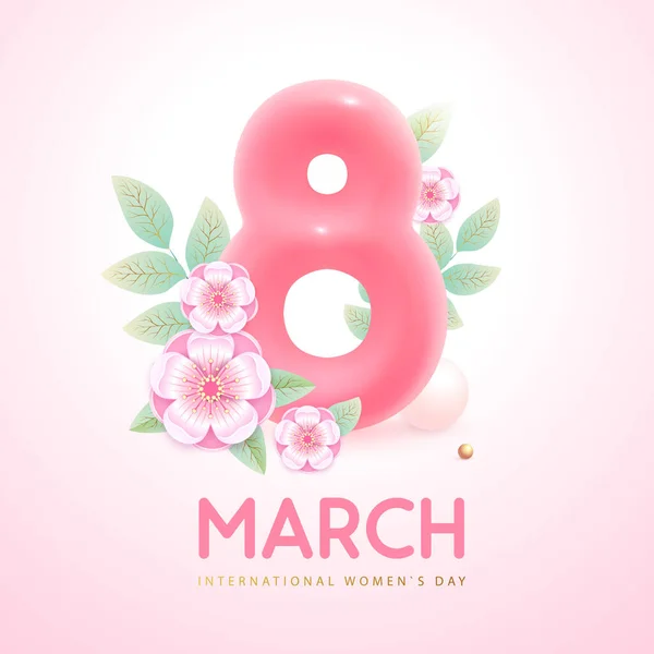 国際幸せな女性の日の挨拶カード 現実的なピンクのプラスチック番号8 春の花や緑の葉 3月8日 ベクターイラスト — ストックベクタ