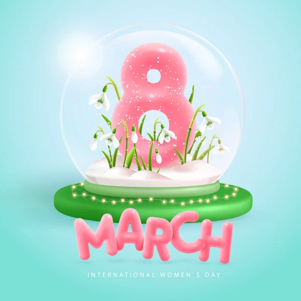 International Happy Women Day Greeting Card Snow Globe Realistic Pink — Stok Vektör