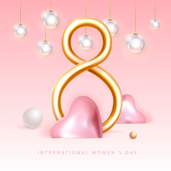 国際幸せな女性の日の挨拶カード 現実的な黄金の金属番号8とピンクの愛の心 3月8日 ベクターイラスト — ストックベクタ