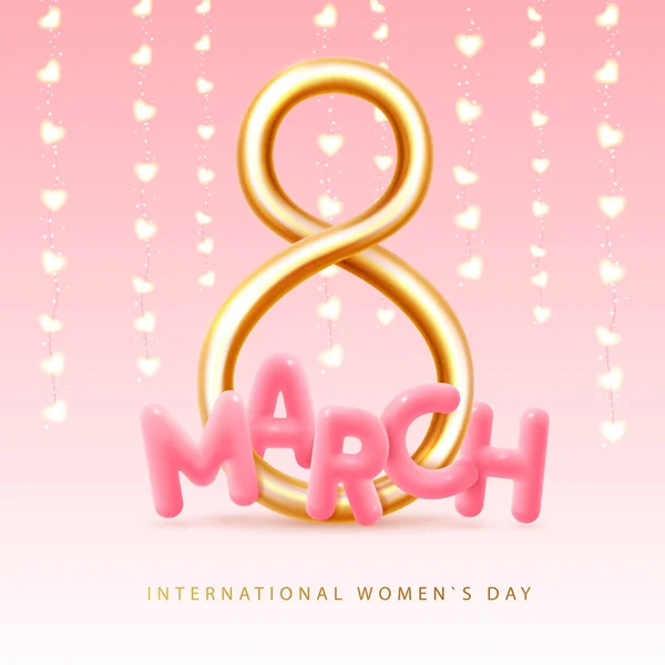 国际妇女日快乐贺卡 现实的金八号和一串的灯 3月8日矢量说明 — 图库矢量图片