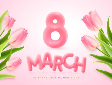 International happy women`s day greeting card. Realistic pink plastic number eight and bouquet of pink tulips. March 8. Vector illustration