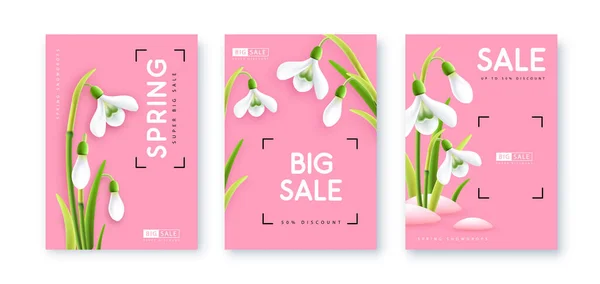 Set Spring Big Sale Posters Realistic Full Blossom Snowdrops Set — Stockvektor