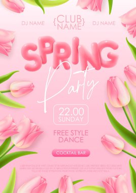 Spring disco party typography poster with realistic full blossom tulips and 3d text on pink background. Vector illustration