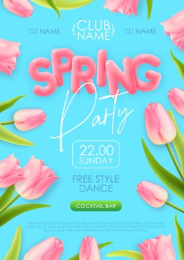 Spring disco party typography poster with realistic full blossom tulips and 3d text on blue background. Vector illustration