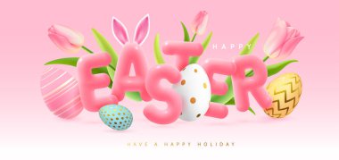 Happy Easter typography background with colorful easter eggs, tulips and 3D text. Greeting card or poster. Vector illustration