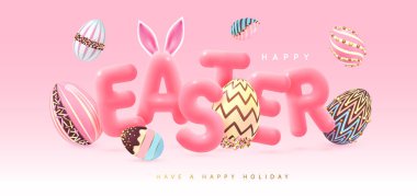 Happy Easter typography background with colorful chocolate easter eggs and 3D text. Greeting card or poster. Vector illustration
