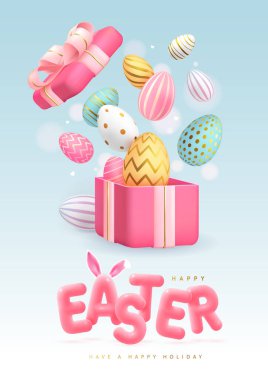 Happy Easter typography background with colorful easter eggs, open gift box and 3D text. Greeting card or poster. Vector illustration