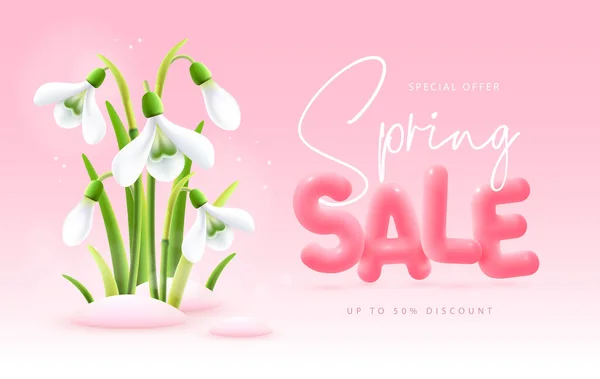 Spring Big Sale Poster Realistic Full Blossom Snowdrops Text Pink — Stock Vector