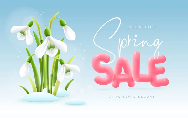 Spring Big Sale Poster Realistic Full Blossom Snowdrops Text Blue — Stock Vector