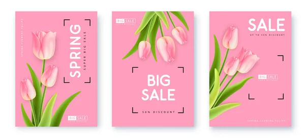 Set Spring Big Sale Posters Realistic Full Blossom Tulips Set — 图库矢量图片