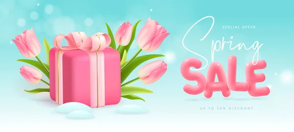 Spring Big Sale Poster Realistic Full Blossom Tulips Gift Box — Stockový vektor
