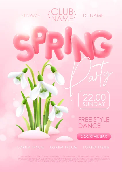 Spring Disco Party Typography Poster Realistic Full Blossom Snowdrops Text — Stock Vector