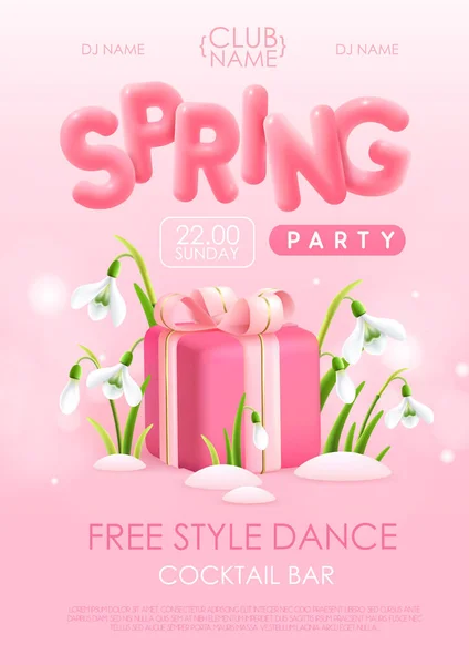 Spring Disco Party Typography Poster Realistic Full Blossom Snowdrops Gift — Stock vektor