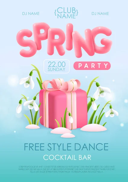 Spring Disco Party Typography Poster Realistic Full Blossom Snowdrops Gift — Stock Vector