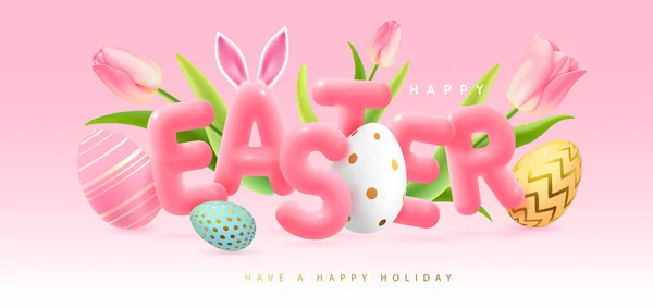 Happy Easter Typography Background Colorful Easter Eggs Tulips Text Greeting — Archivo Imágenes Vectoriales